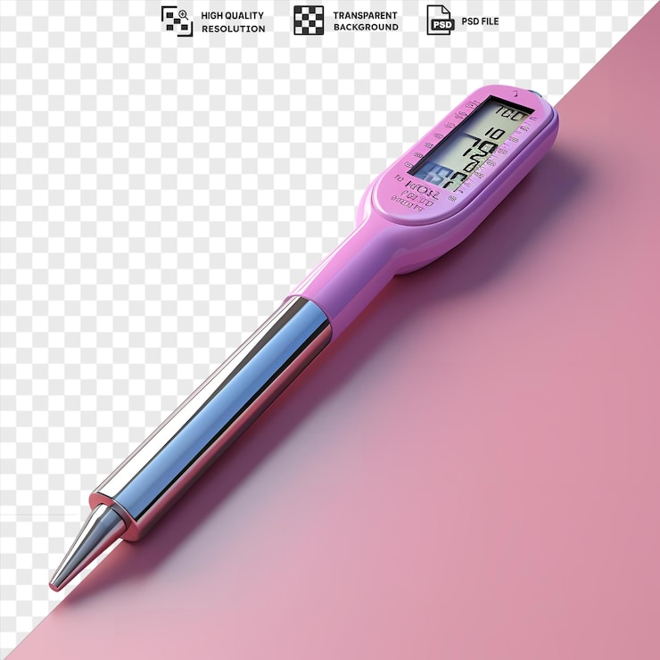 PSD meat thermometer and a pen on a pink background with a black shadow in the foreground