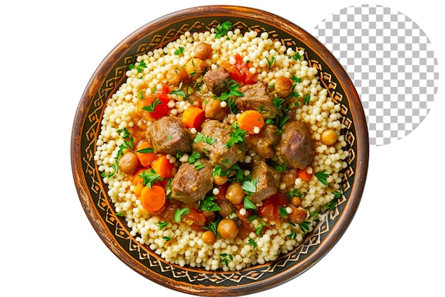 Couscous a base di carne e verdure in una ciotola, cibo tipico su uno sfondo trasparente