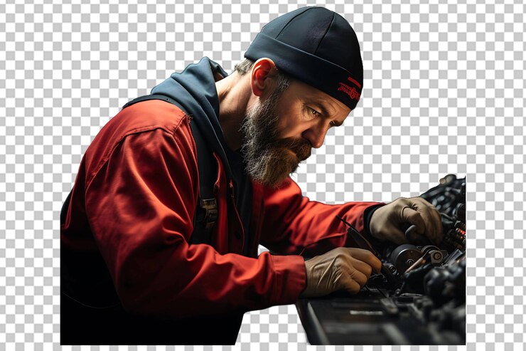 PSD mechanic servicing a car engine isolated on transparent background