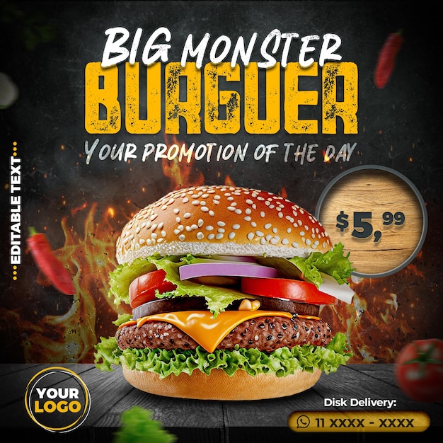 Media Społecznościowe Big Monster Burguer Psd Edytowalny