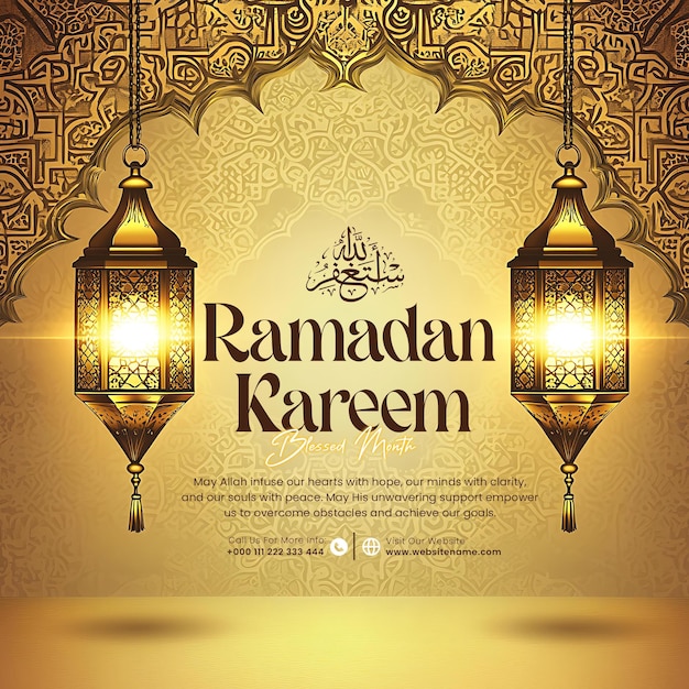 Media społecznościowe Ramadanu z ozdobnym islamskim łukiem z wiszącymi latarniami