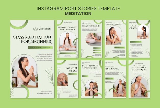 PSD raccolta di storie di instagram di mediazione con donna che fa yoga