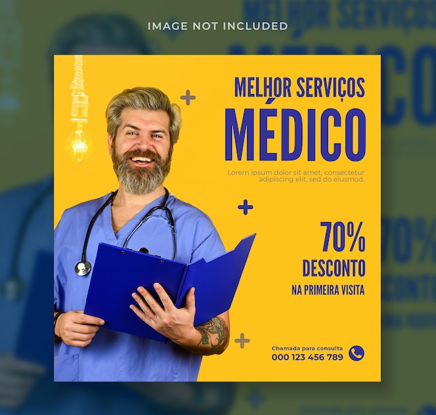 Medical doctors promotion post social media in Portuguese template design in brazil