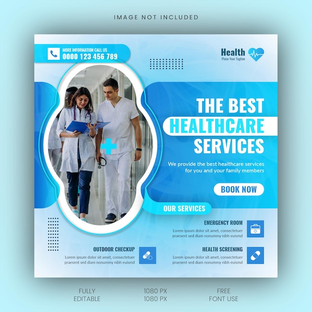 정사각형 소셜 미디어 게시물 배너 템플릿을 위한 의료 건강 포스터 디자인 및 병원