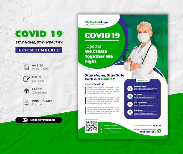 Medical healthcare prevention flyer design or covid 19 stay safe vaccination program flyer template