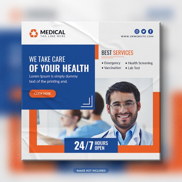 Modello di post sui social media e banner web per l'assistenza sanitaria medica