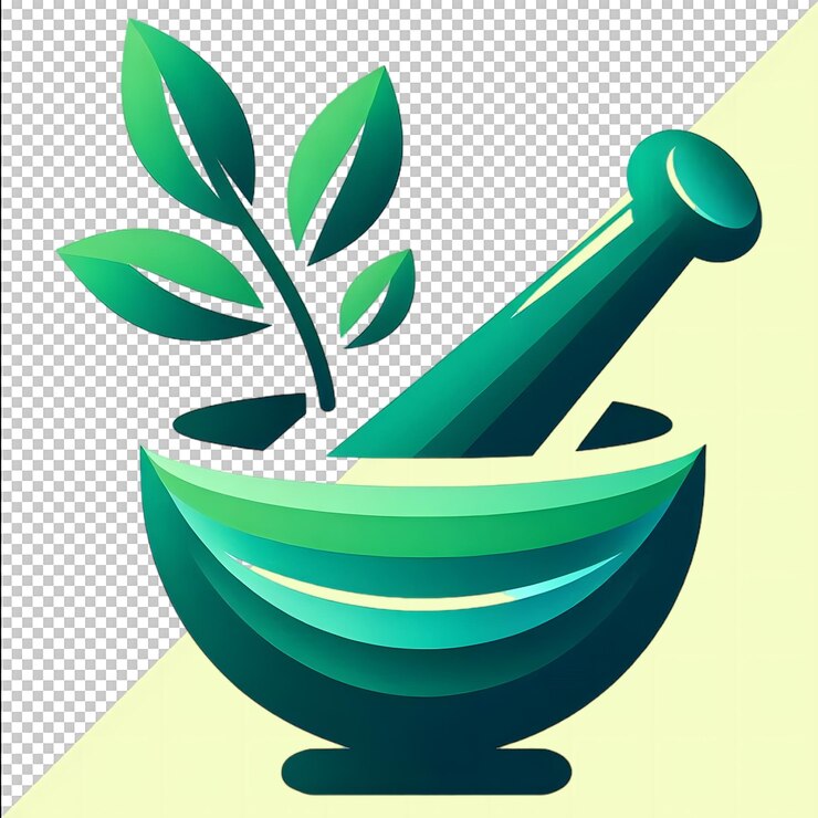 PSD medical pharmacy green logo design mortar and pestle ayurveda medicine on transparent background