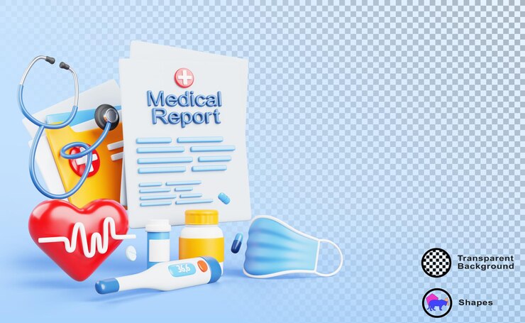 PSD medical report 3d render banner paper health record with patient history cardiogram examination test results stethoscope thermometer face mask heart pill bottles for cardiology