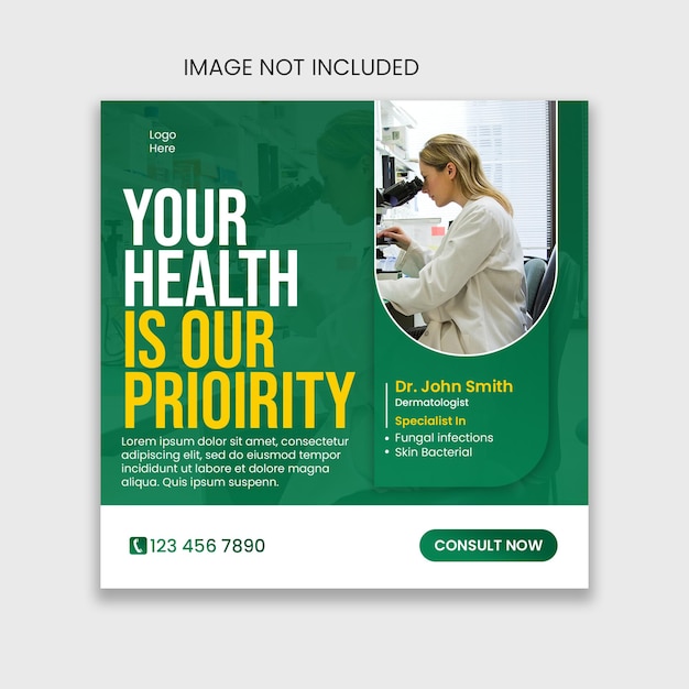 Medical social media post design template or square flyer for doctors