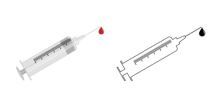 PSD medical syringe with droplet of blood and outline