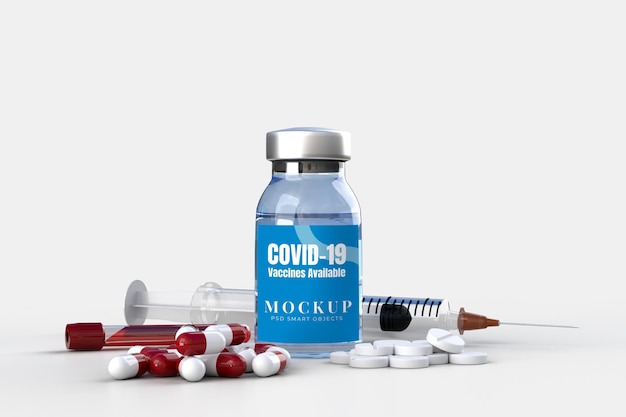 PSD medical tools and covid19 vaccines banner mockup template for hospital clinic