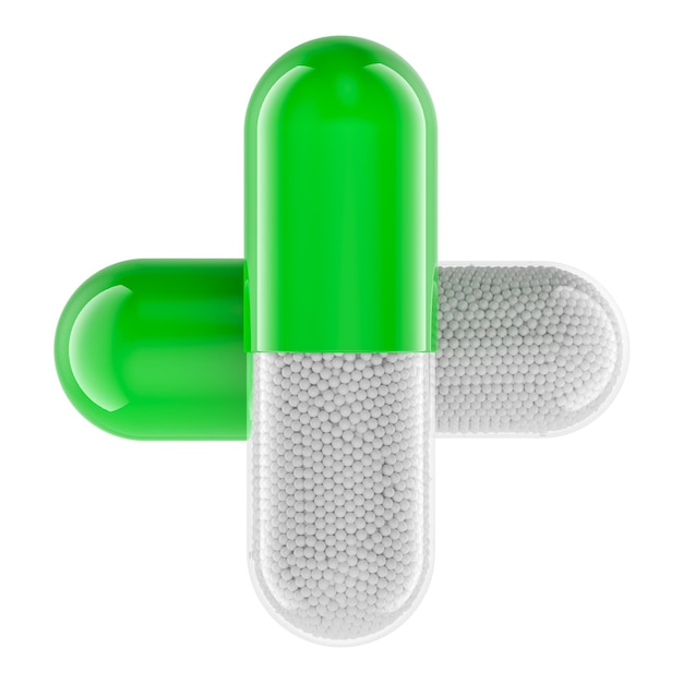 Medicament capsules as pharmacy cross Medical concept 3D rendering isolated on transparent background