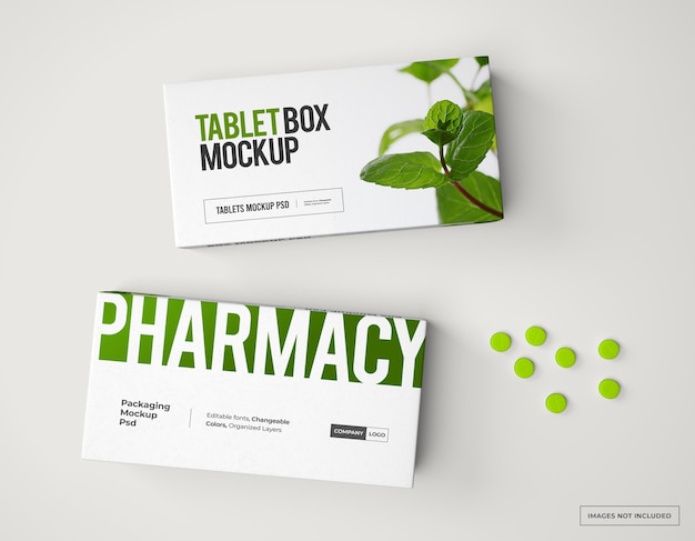 Medication branding and packaging mockup with pills