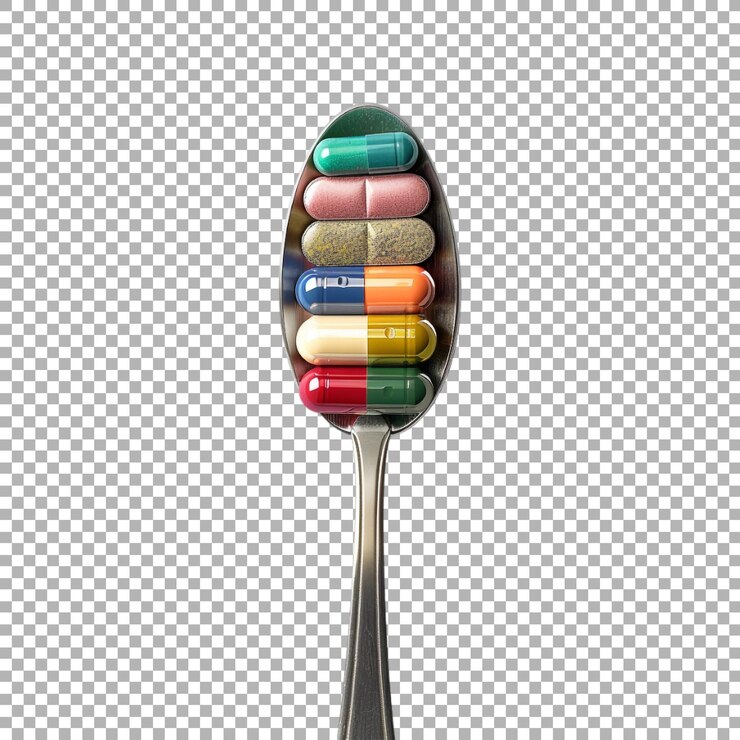 PSD medicijnpillen op een lepel op een doorzichtige achtergrond