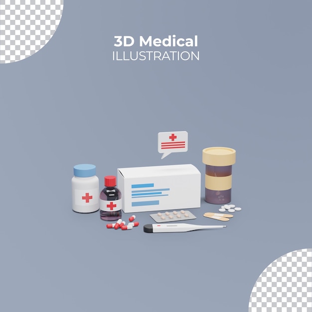 Medicina farmaci sanitari e pillole e farmaci impostare l'illustrazione 3d