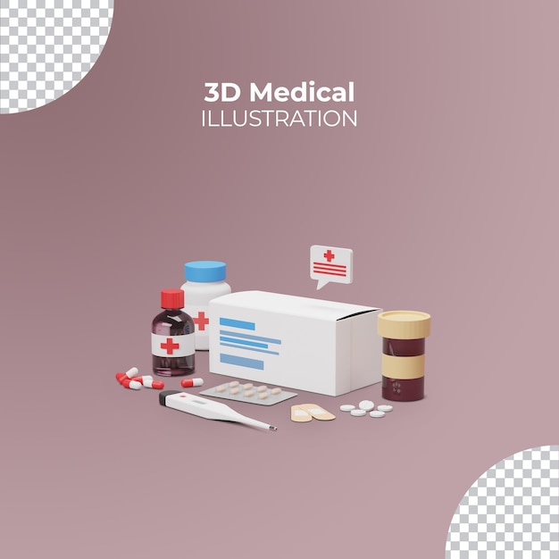 PSD medicina farmaci sanitari e pillole e farmaci impostare l'illustrazione 3d