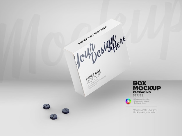 Medicine tablet with packaging paper box mockup