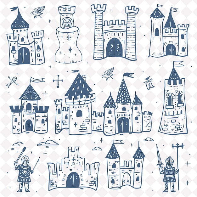 PSD medieval castle folk art with stone pattern and kn png outline frame on clean background collection