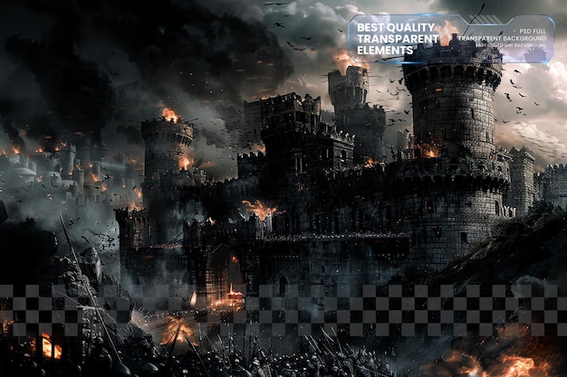 a medieval castle siege with knights and soldiers storming on transparent background