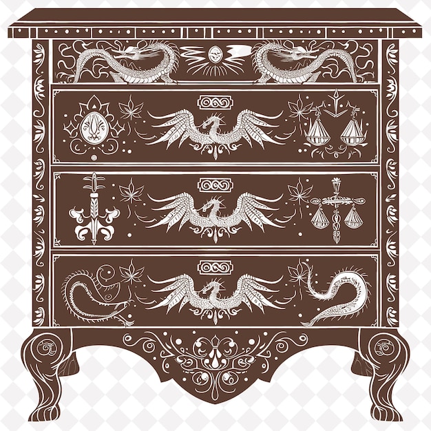 PSD medieval inspired dresser folk art with dragon des png outline frame on clean background collection