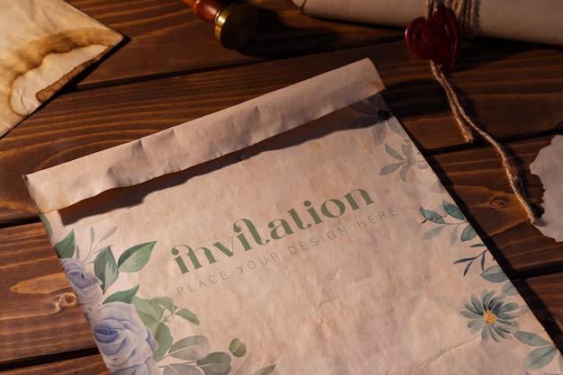 Medieval invitation mock-up on wooden background
