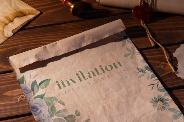 medieval invitation mock-up on wooden background