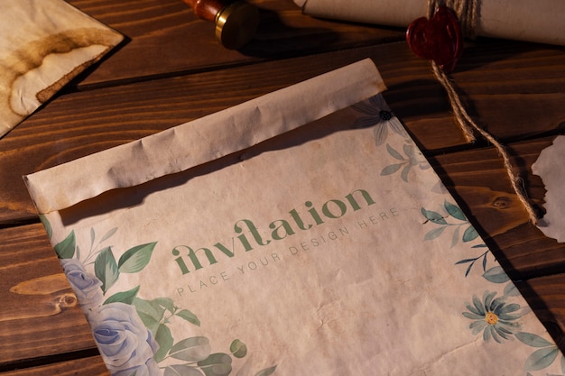 PSD medieval invitation mock-up on wooden background