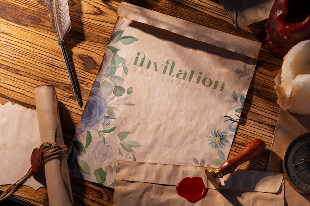 Medieval invitation mock-up on wooden background