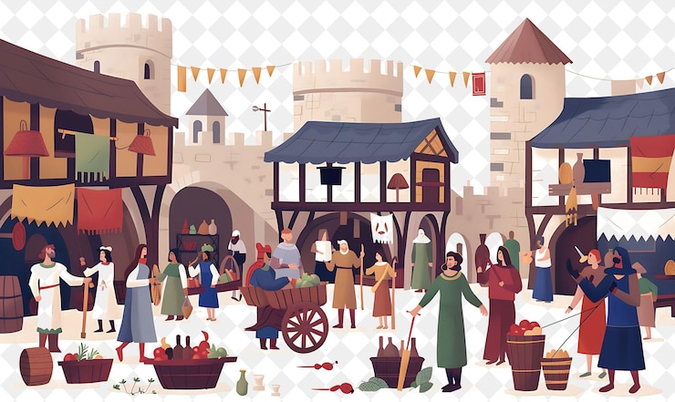 PSD medieval market with merchant characters having a trade fair people life style flat illustration