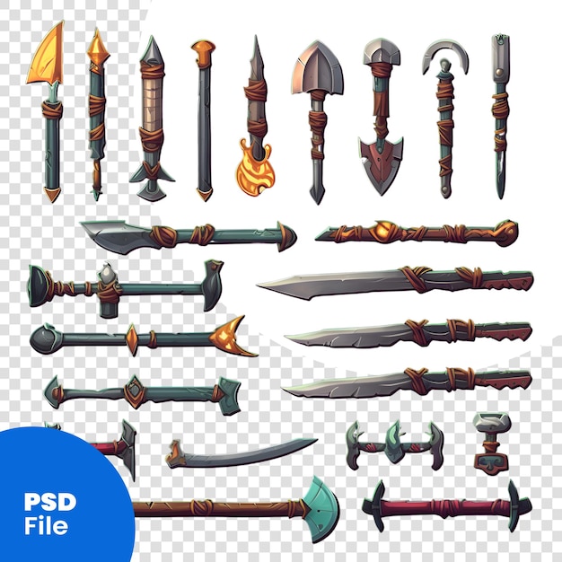 PSD medieval weapons and armor set. cartoon illustration of medieval weapons and armor vector set for web design psd template
