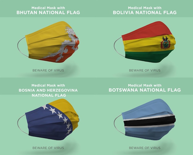 PSD medisch masker met bhutan bolivia bosnië en herzegovina botswana nation flags