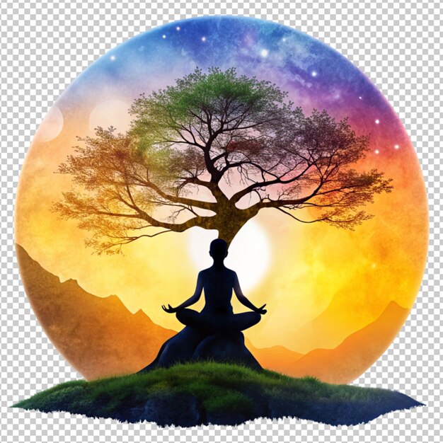 Meditation with tree root on transparent background