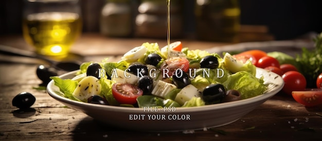 PSD insalata mediterranea versata con olive nere e olio d'oliva su un tavolo di legno