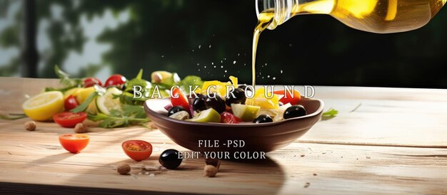 PSD mediterranean salad poured with black olives and olive oil on a wooden table