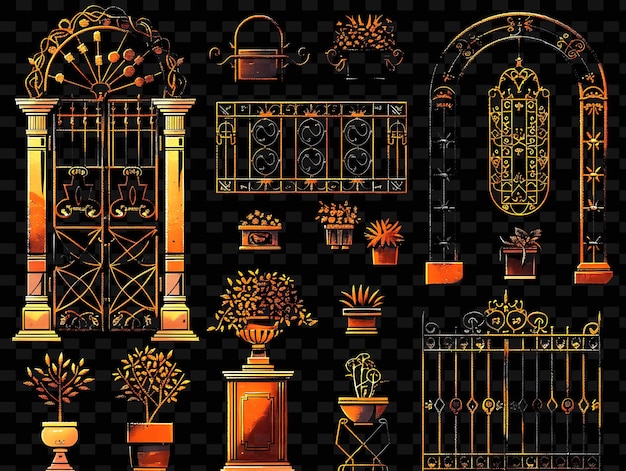 PSD trellis mediterranei pixel art con piastrelle di terracotta e texture creative y2k neon item designs