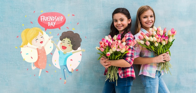 Medium shot girls holding bouquets of flowers mock-up