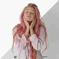PSD medium shot of a lovely caucasian girl with long pink hair standing with hands sealed pretending she is sleeping closed eyes studio shot medium shot white isolated background high quality photo