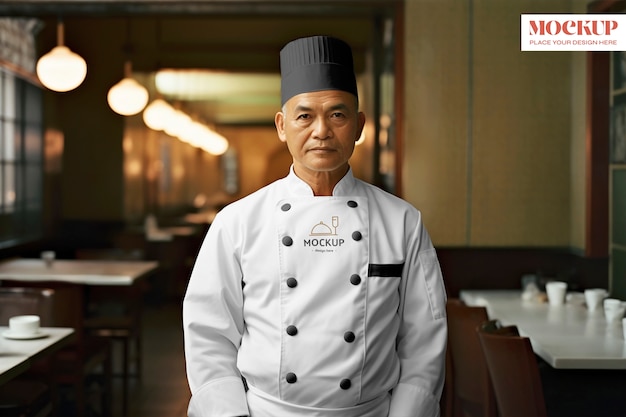 Uomo di taglio medio che indossa l'uniforme di chef giapponese.