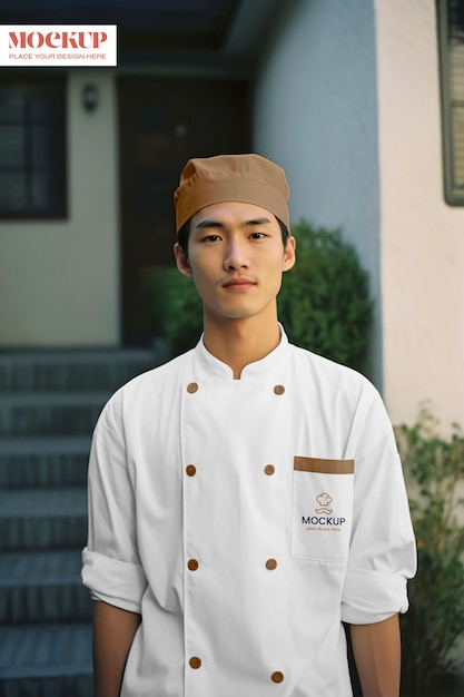 Uomo di taglio medio che indossa l'uniforme di chef giapponese.