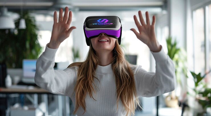 PSD medium shot model wearing vr glasses