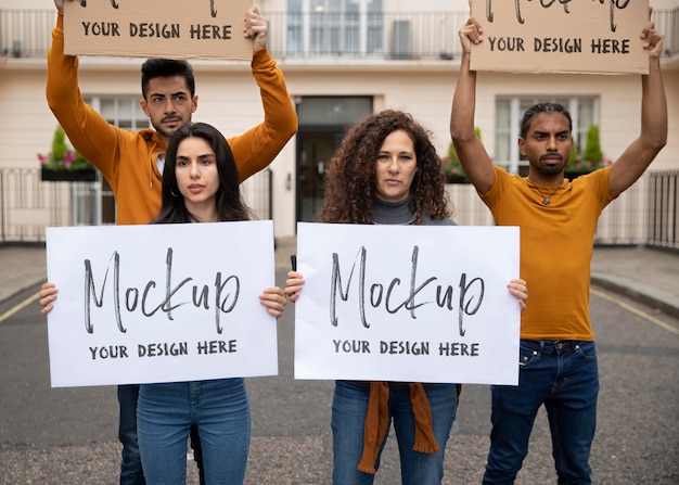 Medium shot people holding placards