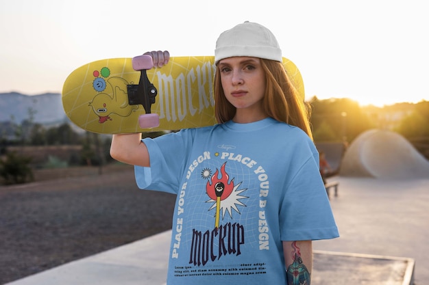 PSD medium shot skater girl shooting outdoors mockup