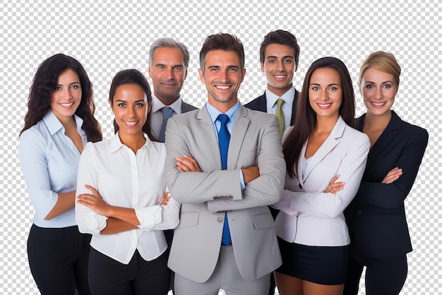 PSD medium shot smiley business team isolated on transparent background