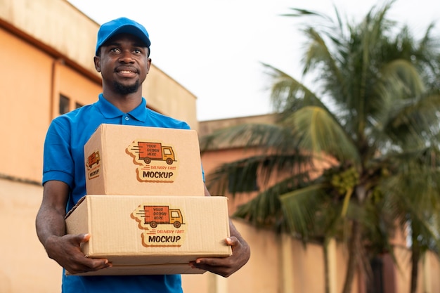 PSD medium shot smiley delivery man holding pack