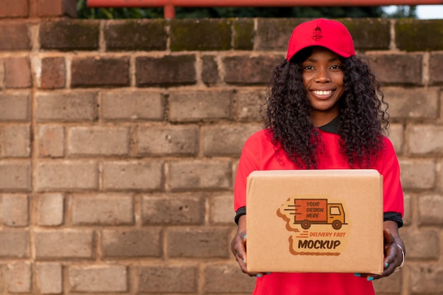 Medium shot smiley woman holding box