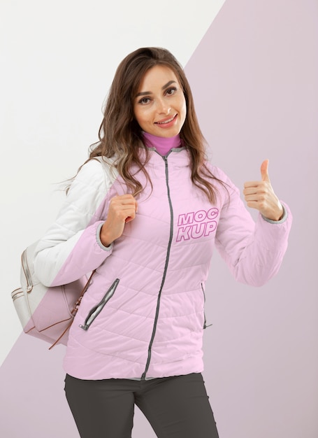 PSD medium shot smiley woman wearing jacket