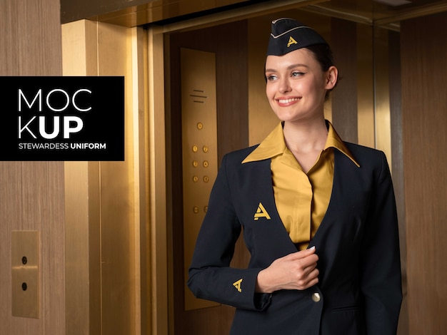 PSD medium shot stewardess posing in uniform