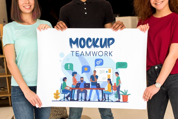 Medium shot of teamwork mock-up