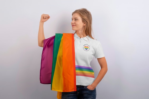 PSD medium shot woman holding pride flag