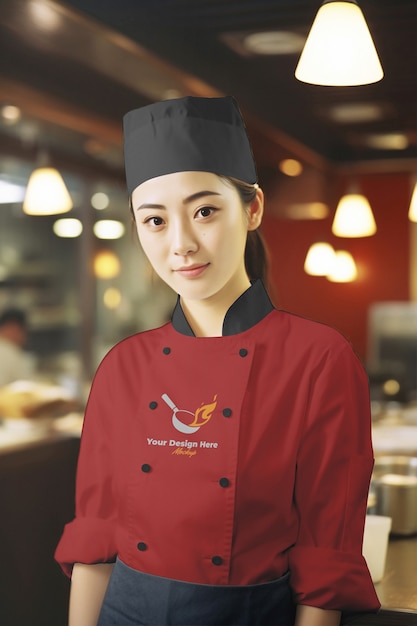 PSD donna di taglio medio che indossa l'uniforme di chef giapponese.
